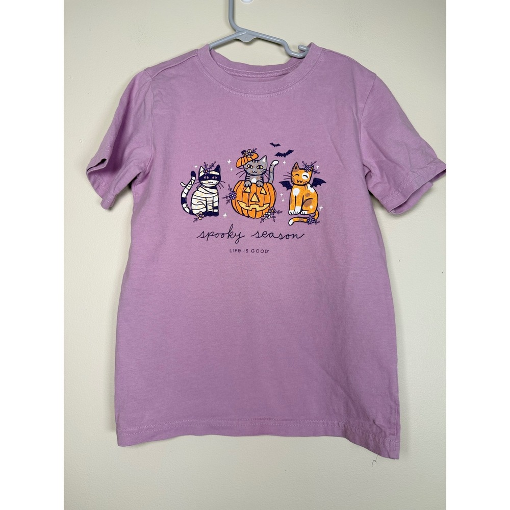 Life is Good Kids Medium Spooky Season Halloween Cats Purple Crusher Tee Shirt